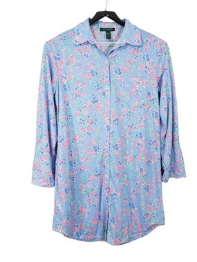 Lauren Ralph Lauren Womens Floral Knit Roll-Tab Sleeve Nightshirt Size Medium